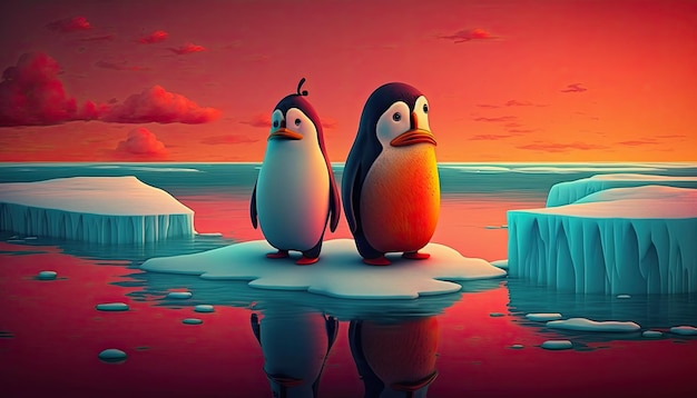 Due pinguini tristi e confusi stanno sul ghiaccio che si scioglie nel concetto di riscaldamento globale dell'Oceano Artico