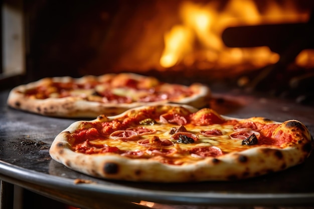 Due pizze sono sedute di fronte a un forno a legna