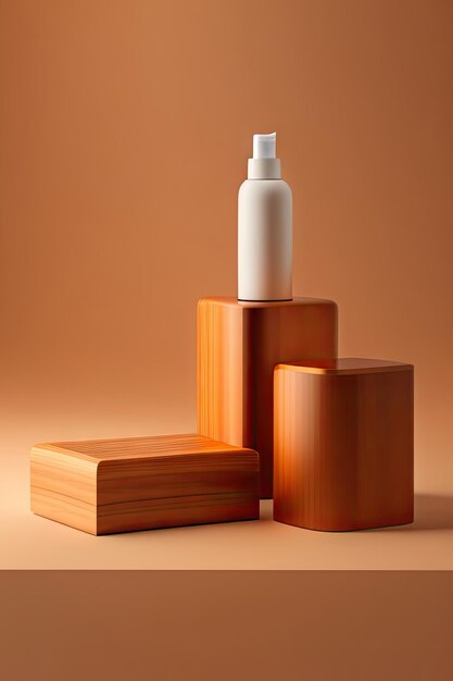 Due podi in legno per prodotti cosmetici alimentari, profumi su sfondo beige