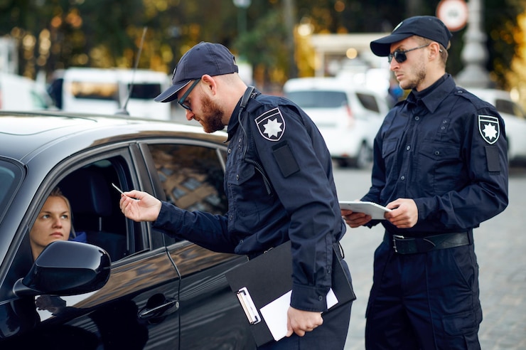 Foto due poliziotti maschi controllano la patente di guida. i poliziotti in uniforme proteggono la legge, la registrazione di un reato. i poliziotti lavorano per le strade della città, l'ordine e il controllo della giustizia