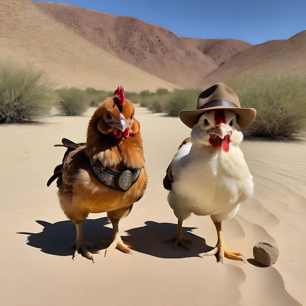 Due polli sono in piedi nel deserto uno dei quali ha un giubbotto su