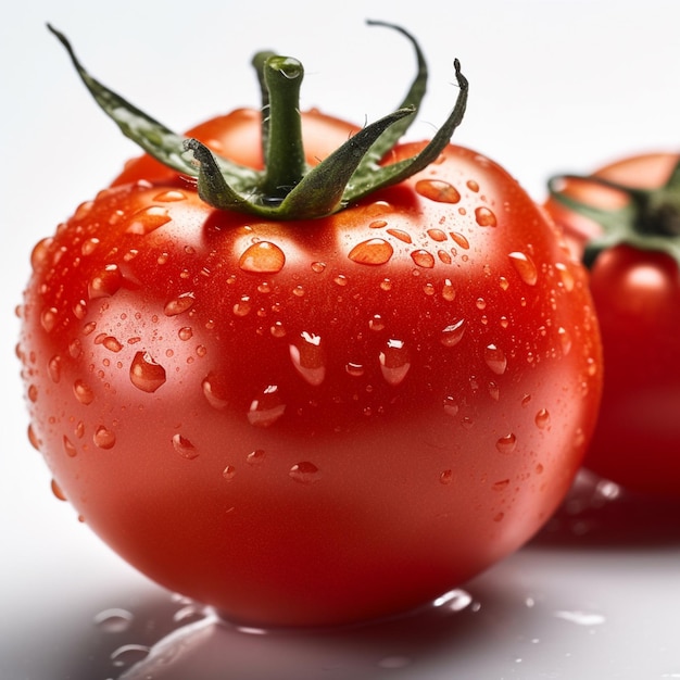 Due pomodori con gocce d'acqua sopra, di cui una rossa.