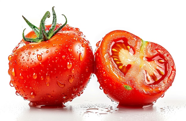 due pomodori sono tagliati a metà e uno ha un cuore in cima