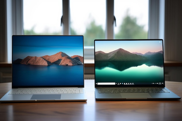 Due portatili Windows 11 d'argento su un tavolo di legno