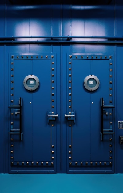 due porte blu in un ufficio decorato in blu.