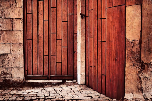 Due porte medievali in legno con strisce in casa di pietra con pietre per lastricati