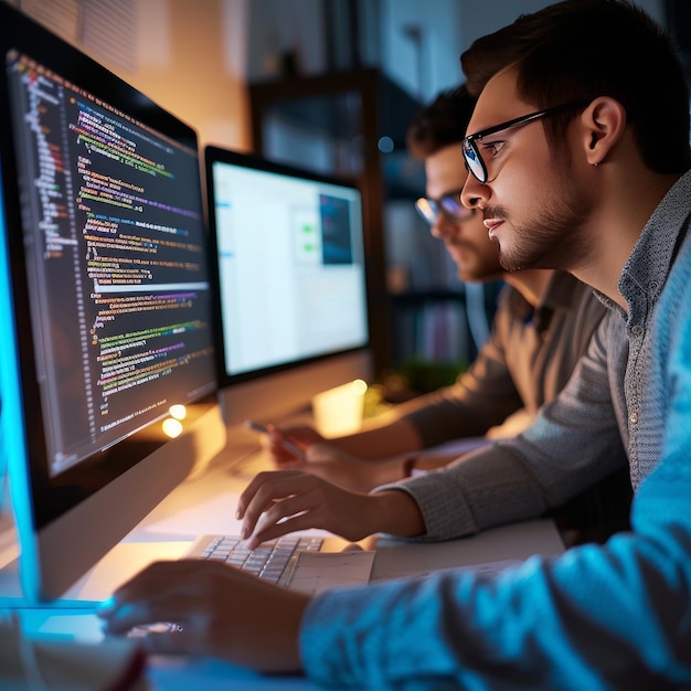 Due programmatori che collaborano a un progetto di sviluppo web utilizzando HTML, PHP e JavaScript