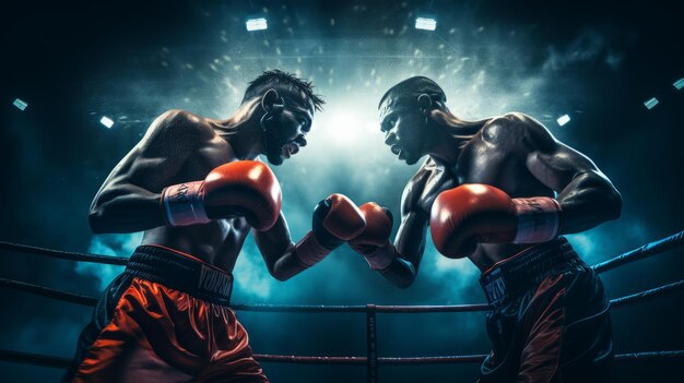 Due pugili professionisti che combattono in un oscuro ring di boxe