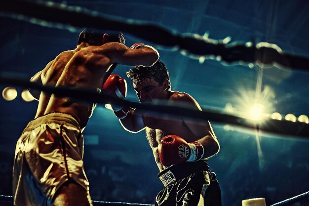 Due pugili professionisti che combattono sul ring nel ring di notte