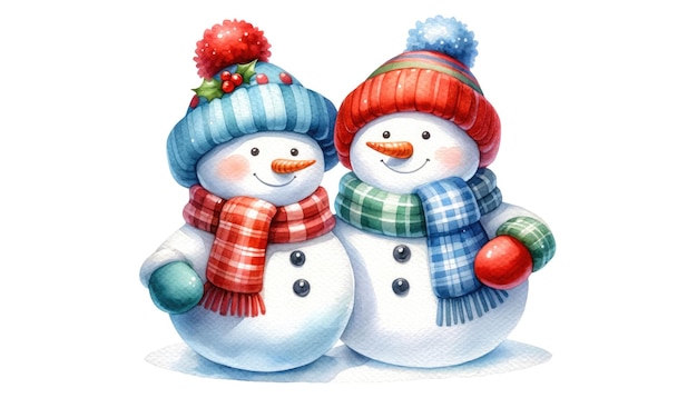 Due pupazzi di neve con cappelli e sciarpe isolati su uno sfondo bianco