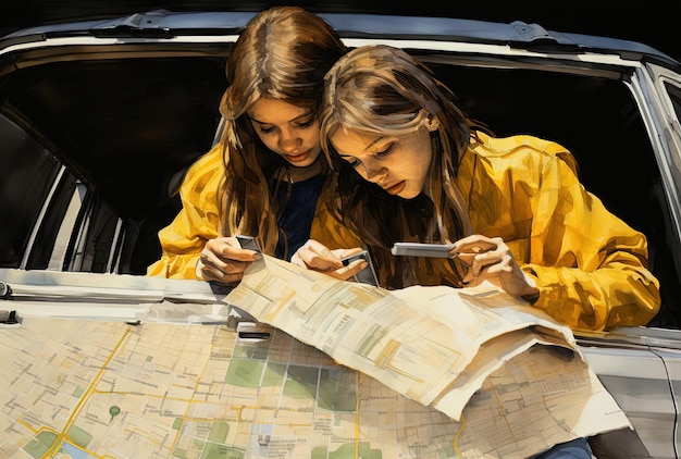 due ragazze adolescenti tengono una con una mappa e l'altra sul tetto della sua macchina