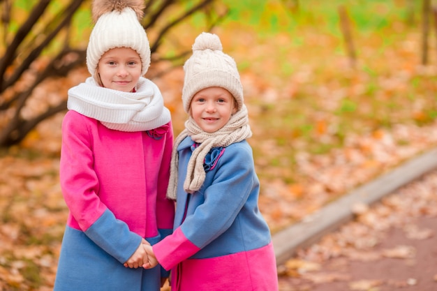 Due ragazze adorabili nel parco al caldo soleggiato giorno d'autunno