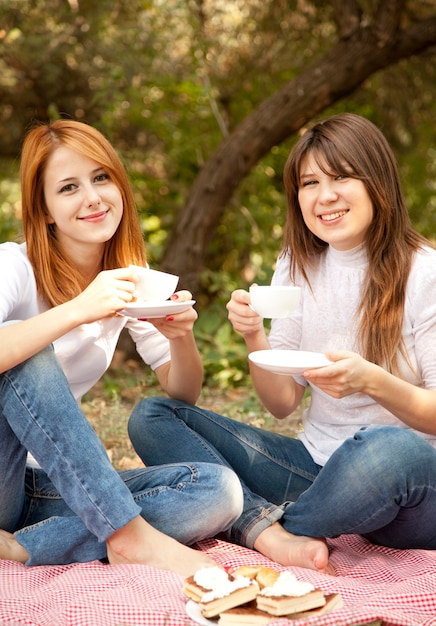 Due ragazze al picnic. Autunno all'aperto.