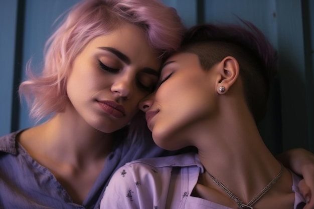 due ragazze alla moda della Gen Z parte della comunità LGBTQ in un abbraccio e un bacio appassionati