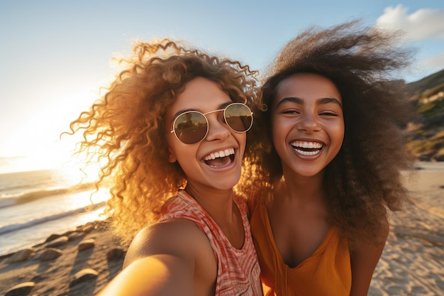 Due ragazze allegre che prendono un selfie sulla spiaggia in estate