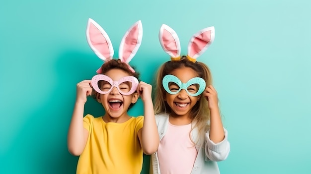 Due ragazze allegre con orecchie da coniglio che celebrano la Pasqua