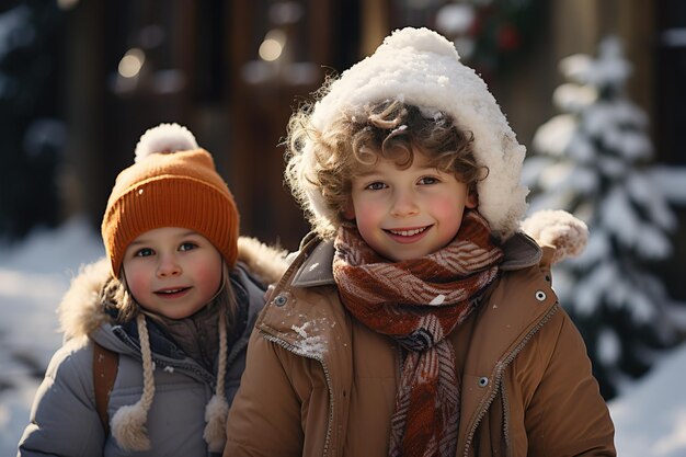 Due ragazze amiche in abiti caldi giacche e cappelli sullo sfondo di un paesaggio invernale ritratto in primo piano di bambini sullo sfondo d'una foresta innevata o di un parco