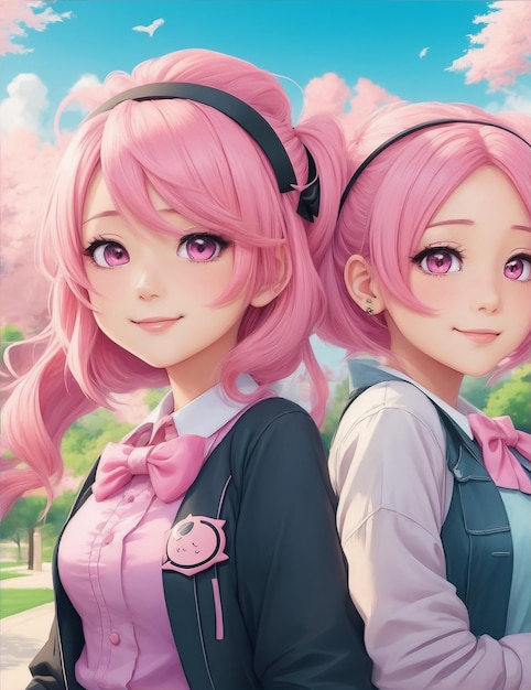 Due ragazze anime con i capelli rosa e un fiocco rosa sulla testa AI generativa