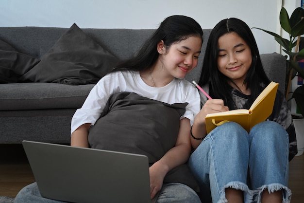 Due ragazze asiatiche sorridenti che navigano in internet o fanno i compiti con il computer portatile in soggiorno