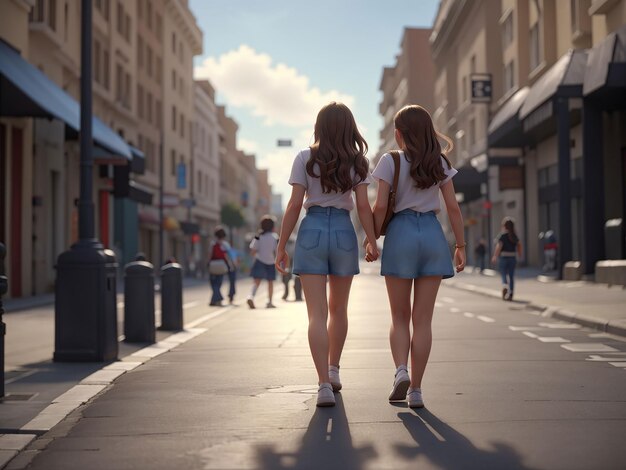 Due ragazze camminano insieme sulla strada.
