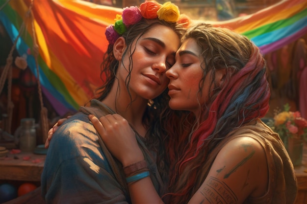 Due ragazze che abbracciano amorevolmente Gay Pride lgbt