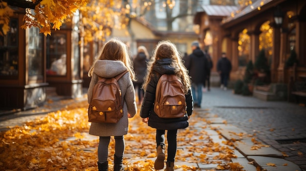 due ragazze che camminano nel parco autunnale back view