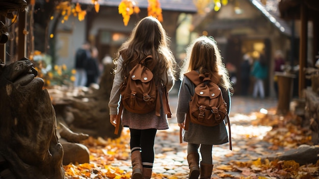 due ragazze che camminano nel parco autunnale back view