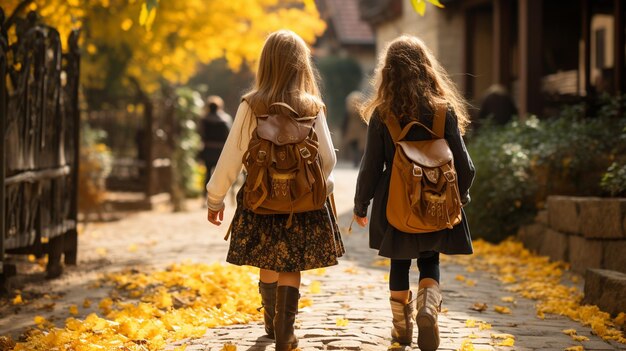 due ragazze che camminano nel parco autunnale back view