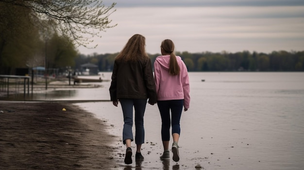 Due ragazze che camminano sulla spiaggia tenendosi per mano