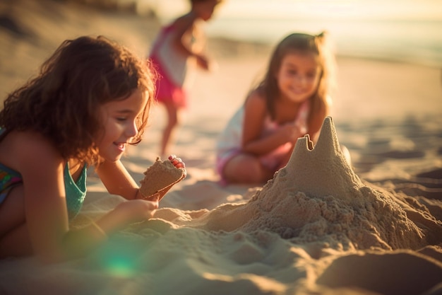 Due ragazze che costruiscono un castello di sabbia sulla spiaggia