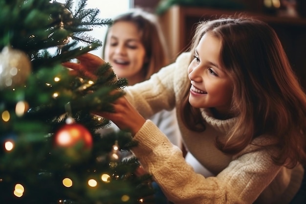 Due ragazze che decorano insieme un albero di Natale