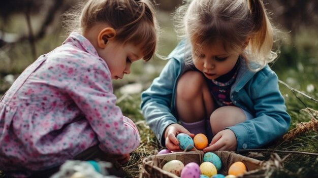 Due ragazze che giocano con le uova di pasqua sull'erba