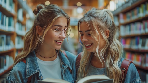 Due ragazze che leggono un libro in una biblioteca