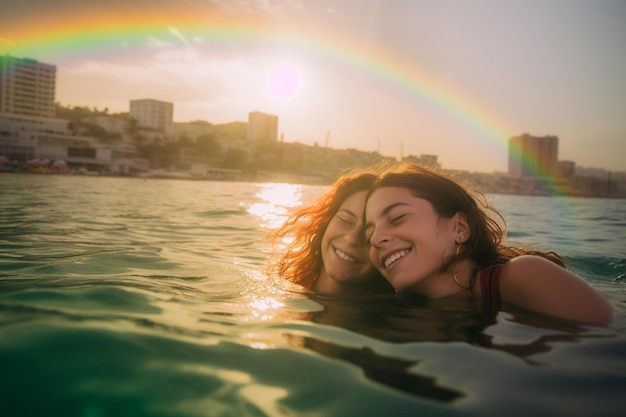 Due ragazze che nuotano in acqua con un arcobaleno sullo sfondo