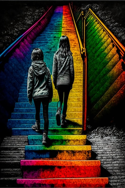 Due ragazze che salgono le scale colori psichedelici alla ricerca di se stesse