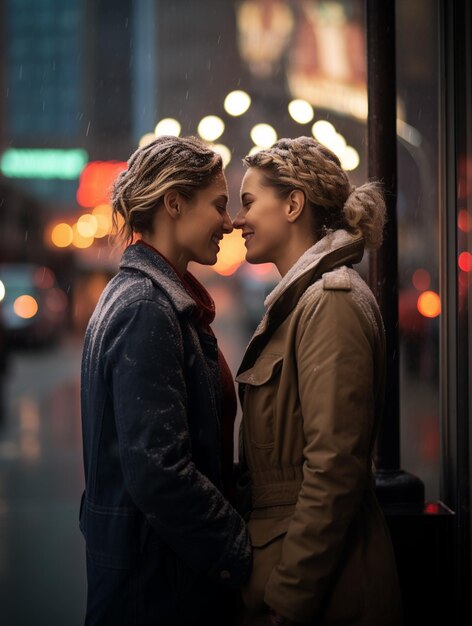 Due ragazze che si guardano con desiderio e stanno per baciarsi in una strada della città