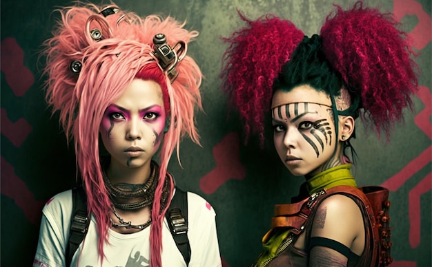 Due ragazze con i capelli rosa e una maglietta bianca con sopra la scritta alien