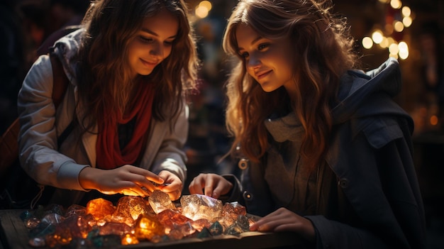 due ragazze con lampade di cristallo e candele