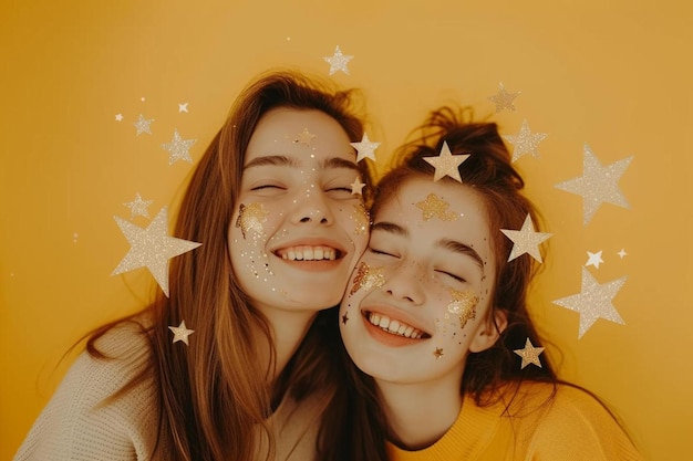 due ragazze con le stelle sulle loro facce che posano per una foto