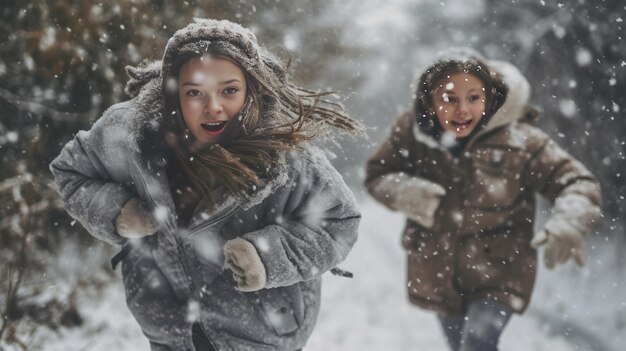 due ragazze felici che giocano sulla neve in una giornata invernale AI generativa