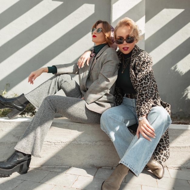 Due ragazze glamour amiche in abiti alla moda siedono per strada alla luce del sole Fidanzate divertenti alla moda con occhiali da sole vintage all'aperto