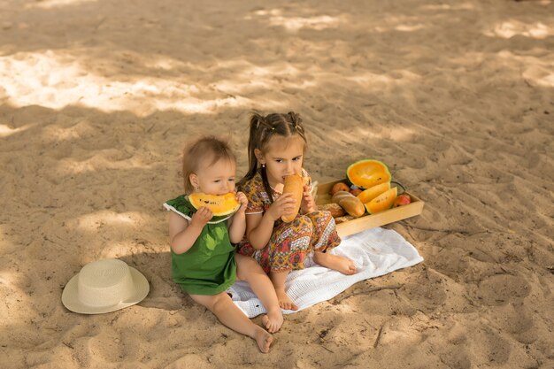 Due ragazze hanno fatto un picnic su una spiaggia sabbiosa