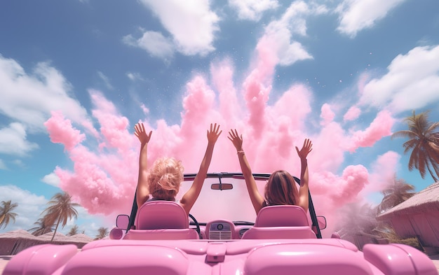 Due ragazze in macchina con le mani alzate che guidano in estate