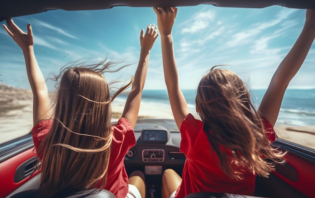 Due ragazze in macchina con le mani alzate che guidano in estate