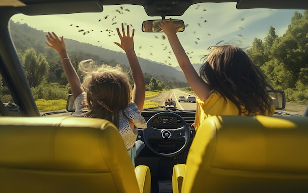 Due ragazze in macchina con le mani alzate che guidano in estate