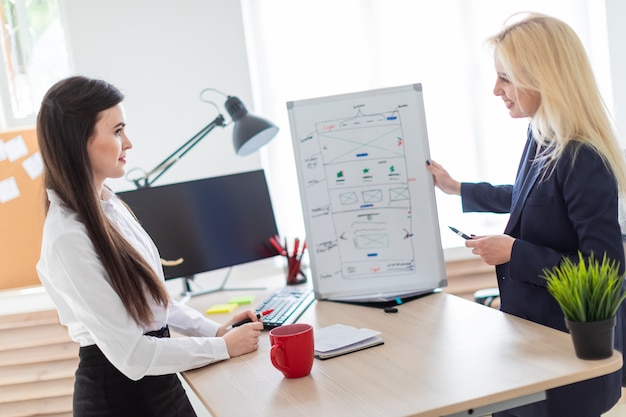 Due ragazze in ufficio discutono del progetto su una lavagna magnetica.