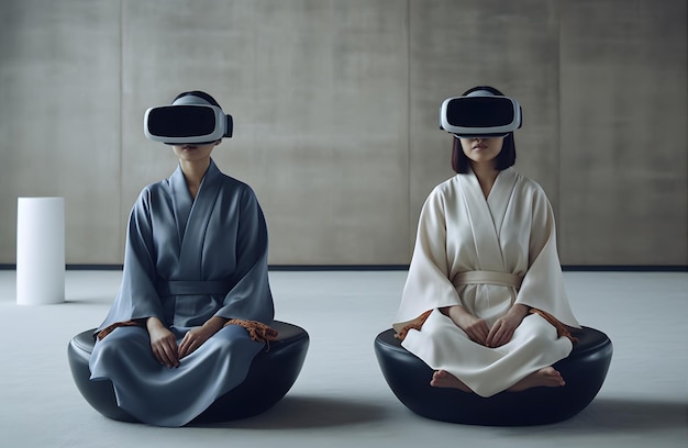 Due ragazze o una donna che sperimenta la realtà virtuale Una donna con gli occhiali VR medita
