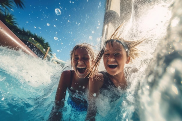 Due ragazze si divertono in un parco acquatico.