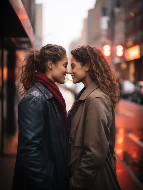 Due ragazze si guardano da vicino poco prima di baciarsi per strada un giorno di pioggia in città