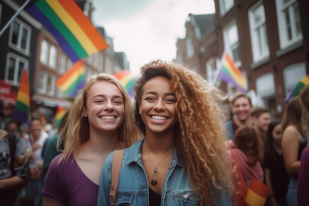 Due ragazze stanno davanti a una bandiera arcobaleno
